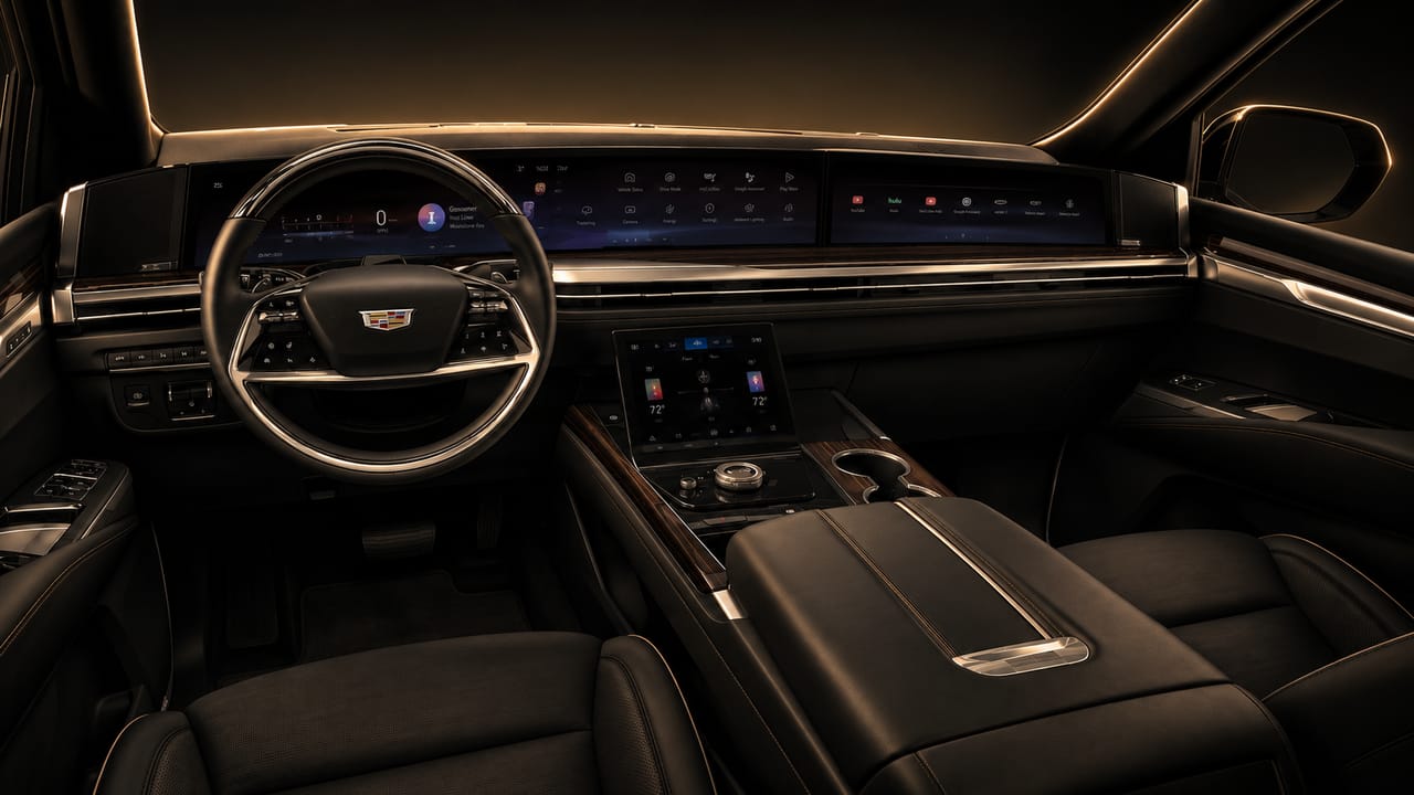 Luxury Black SUV cockpit with curved digital displays and wood trim — RideYeah