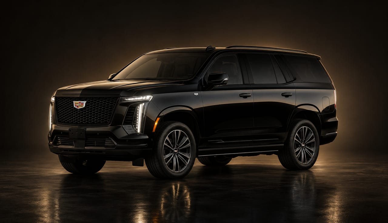 Black Cadillac Escalade luxury black SUV, front view — RideYeah chauffeured fleet in Los Angeles