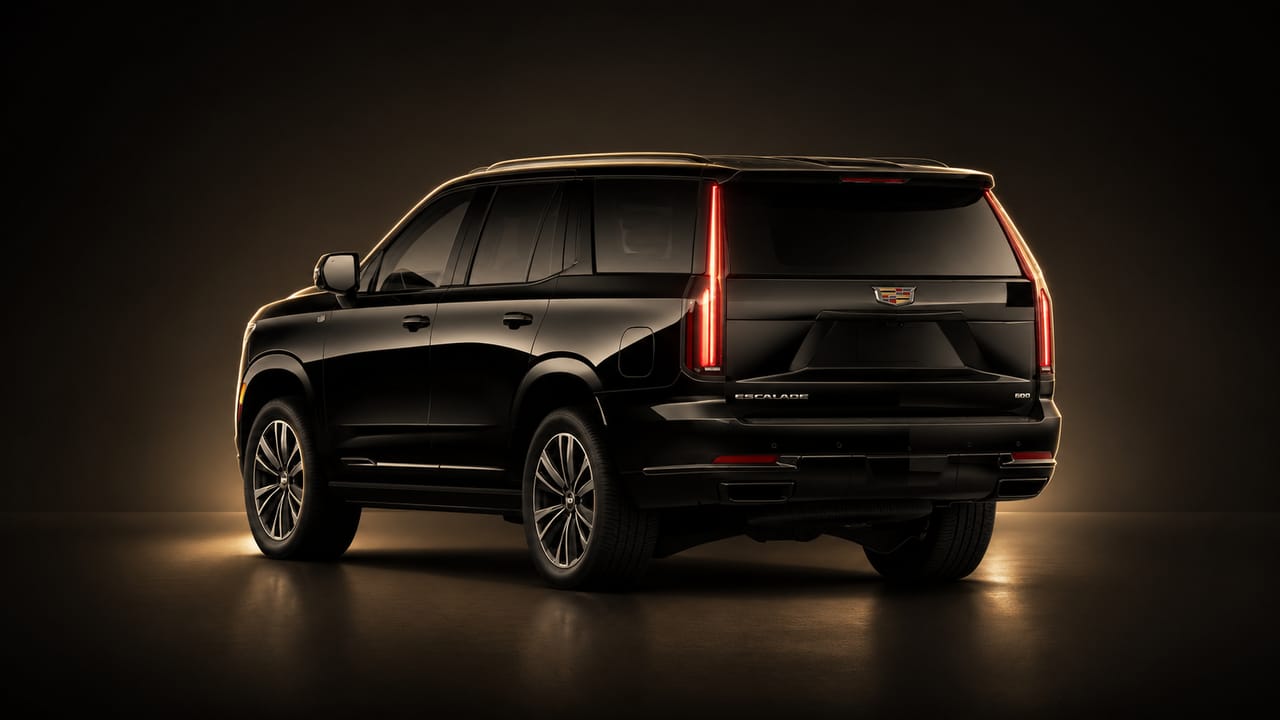 Black Cadillac Escalade rear view — luxury airport transfers across Los Angeles and Orange County