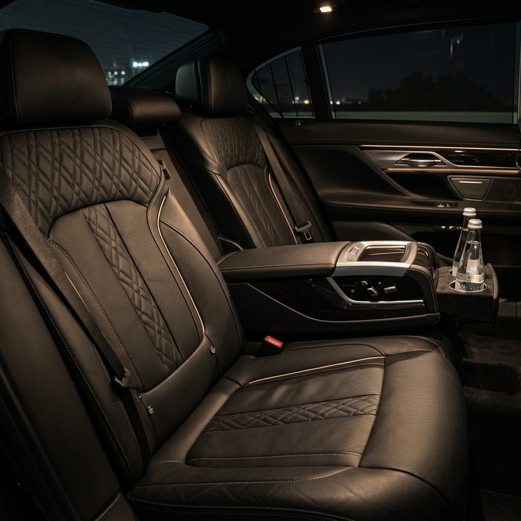 Leather rear seats inside a RideYeah luxury black SUV
